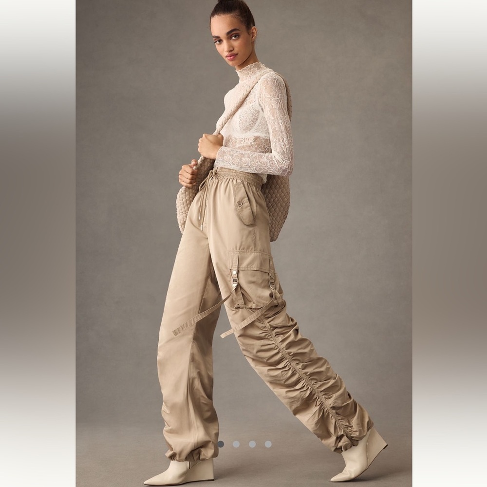 Moon River Beige Ruched Cargo Track Pants
